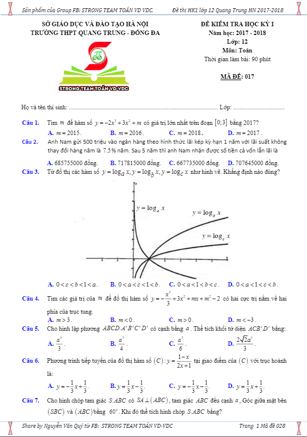 Đề kiểm tra học kỳ 1 Toán 12 năm học 2017 – 2018 trường THPT Quang Trung – Hà Nội