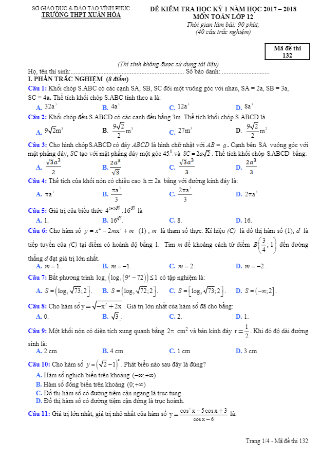 Đề kiểm tra học kỳ 1 Toán 12 năm học 2017 – 2018 trường THPT Xuân Hòa – Vĩnh Phúc