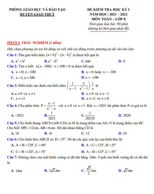 Đề kiểm tra học kỳ 1 Toán 8 năm 2021 – 2022 phòng GD&ĐT Giao Thuỷ – Nam Định