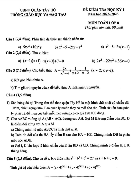 Đề kiểm tra học kỳ 1 Toán 8 năm 2022 – 2023 phòng GD&ĐT Tây Hồ – Hà Nội