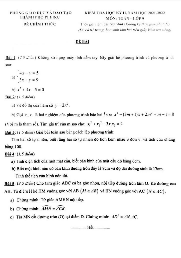 Đề kiểm tra học kỳ 2 Toán 9 năm 2021 – 2022 phòng GD&ĐT Pleiku – Gia Lai