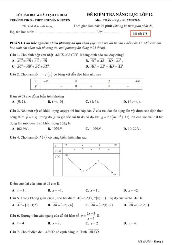 Đề kiểm tra Toán 12 năm 2024 – 2025 trường THCS&THPT Nguyễn Khuyến – TP HCM (27/08/2024)