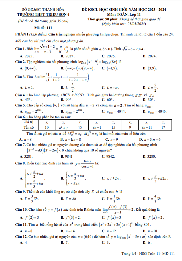 Đề KSCL học sinh giỏi Toán 11 năm 2023 – 2024 trường THPT Triệu Sơn 4 – Thanh Hóa