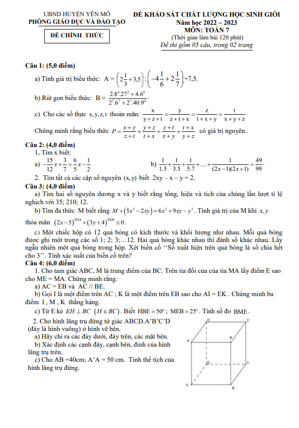 Đề KSCL học sinh giỏi Toán 7 năm 2022 – 2023 phòng GD&ĐT Yên Mô – Ninh Bình