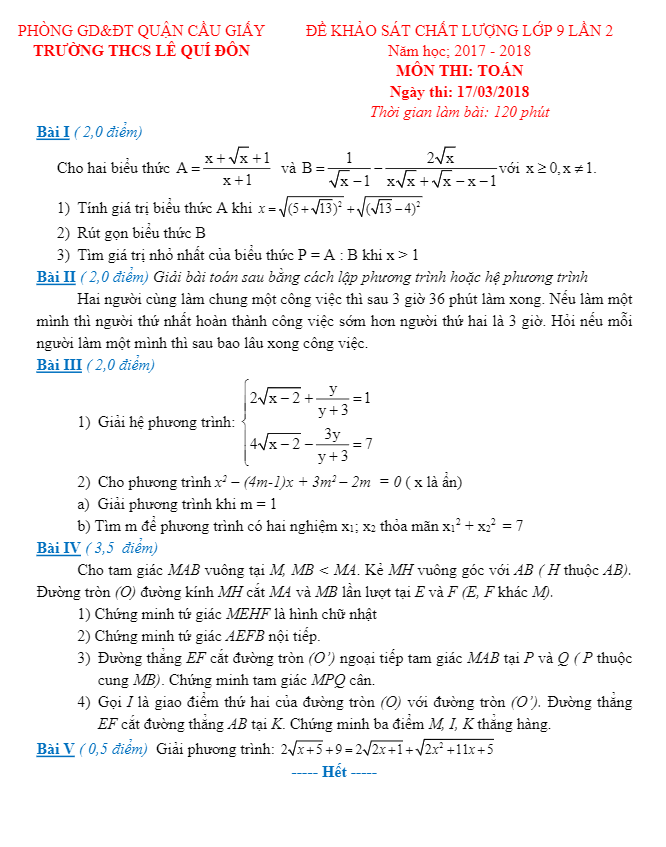 Đề KSCL Toán 9 năm 2017 – 2018 trường THCS Lê Quý Đôn – Hà Nội lần 2
