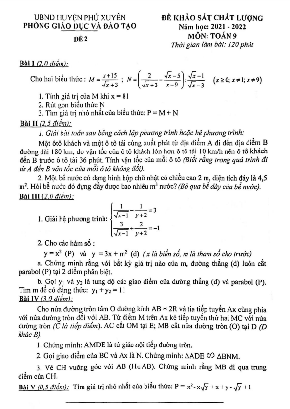 Đề KSCL Toán 9 năm 2021 – 2022 phòng GD&ĐT Phú Xuyên – Hà Nội