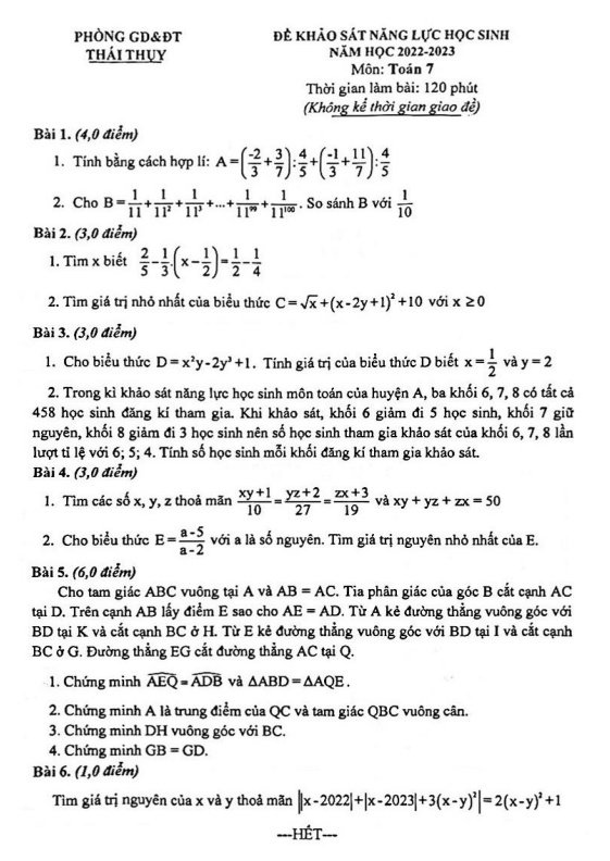 Đề KSNL Toán 7 năm 2022 – 2023 phòng GD&ĐT Thái Thụy – Thái Bình