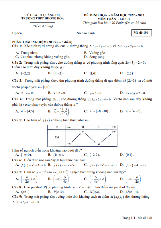 Đề minh họa giữa kì 2 Toán 10 năm 2022 – 2023 trường THPT Hướng Hóa – Quảng Trị
