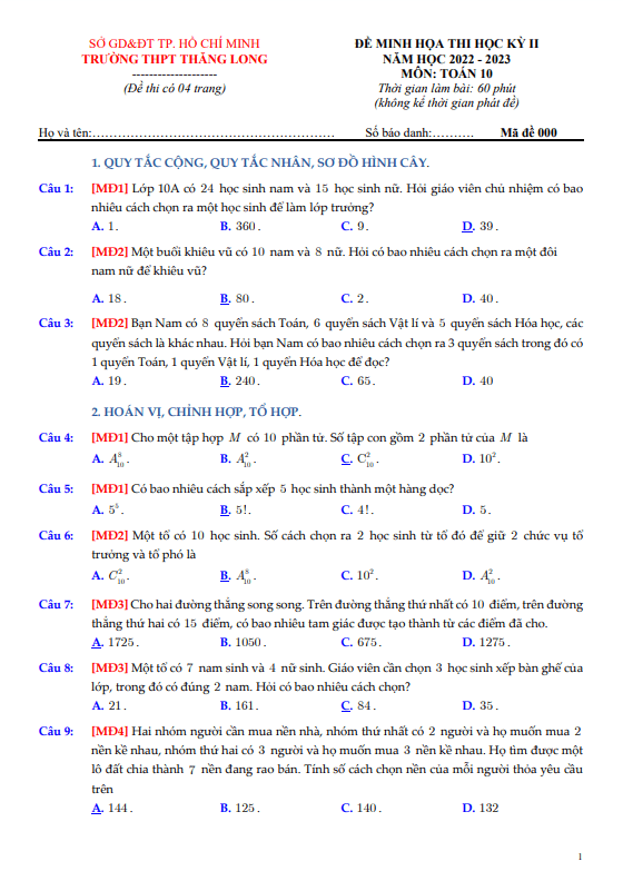 Đề minh họa học kỳ 2 Toán 10 năm 2022 – 2023 trường THPT Thăng Long – TP HCM