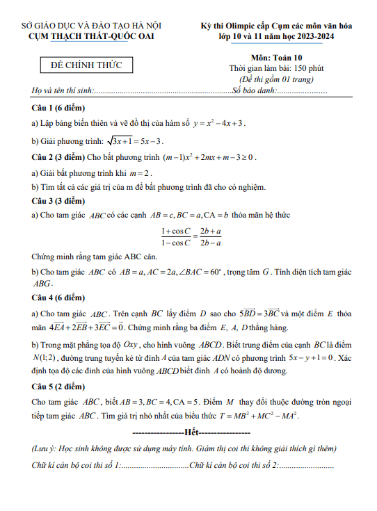 Đề Olimpic Toán 10 năm 2023 – 2024 cụm Thạch Thất & Quốc Oai – Hà Nội