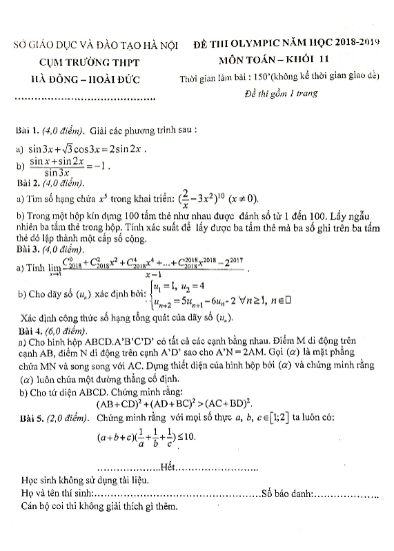Đề Olympic Toán 11 năm 2019 cụm trường THPT Hà Đông – Hoài Đức – Hà Nội