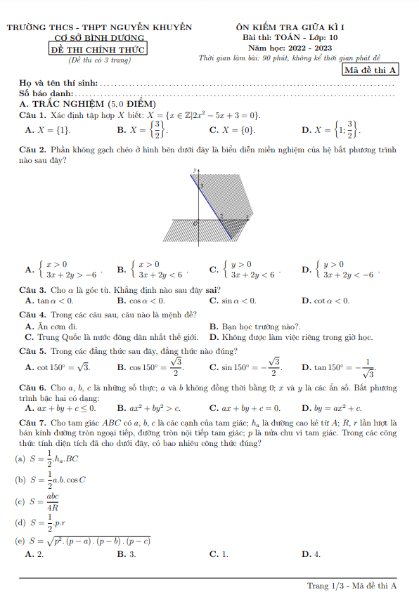 Đề ôn tập giữa kì 1 Toán 10 năm 2022 – 2023 trường Nguyễn Khuyến – Bình Dương