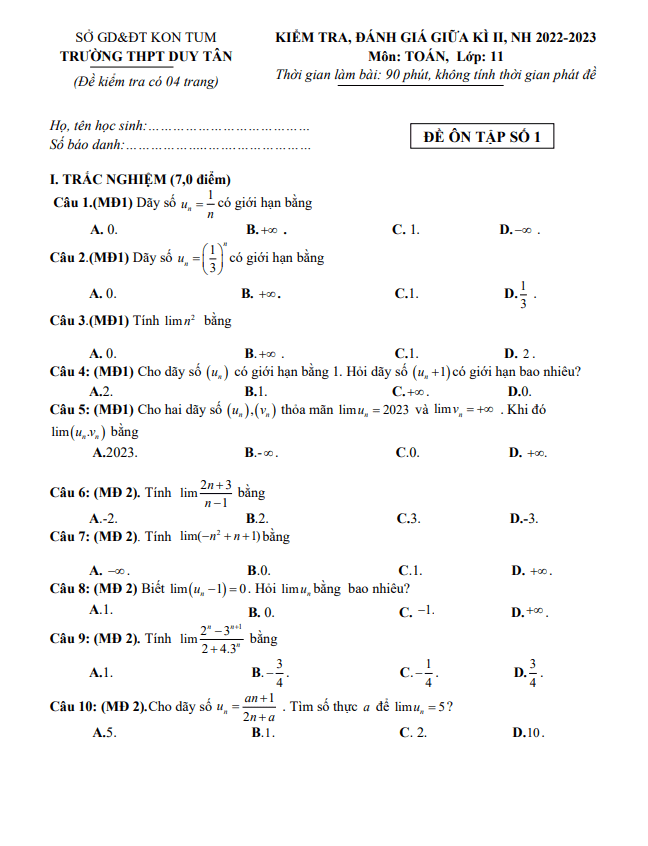 Đề ôn tập giữa kì 2 Toán 11 năm 2022 – 2023 trường THPT Duy Tân – Kon Tum