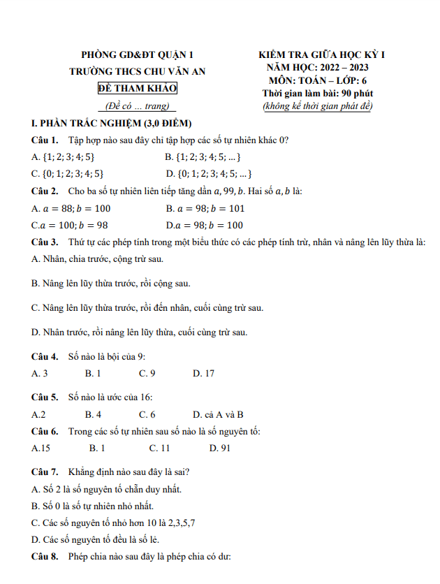 Đề tham khảo giữa học kỳ 1 Toán 6 năm 2022 – 2023 trường THCS Chu Văn An – TP HCM