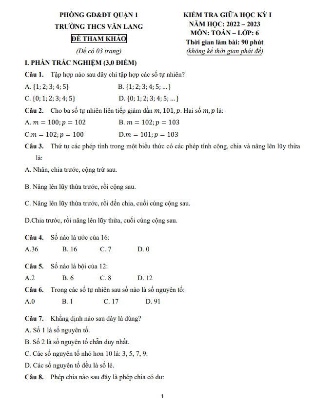 Đề tham khảo giữa học kỳ 1 Toán 6 năm 2022 – 2023 trường THCS Văn Lang – TP HCM