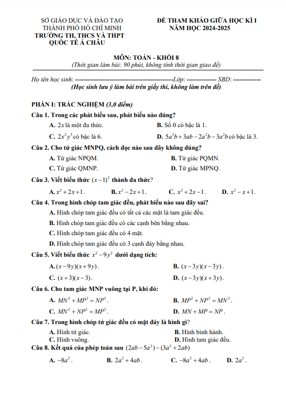 Đề tham khảo giữa kì 1 Toán 8 năm 2024 – 2025 phòng GD&ĐT Quận 3 – TP HCM