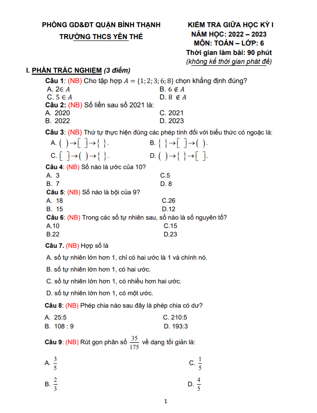 Đề tham khảo giữa kỳ 1 Toán 6 năm 2022 – 2023 trường THCS Yên Thế – TP HCM