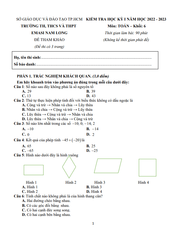 Đề tham khảo học kỳ 1 Toán 6 năm 2022 – 2023 trường EMASI Nam Long – TP HCM
