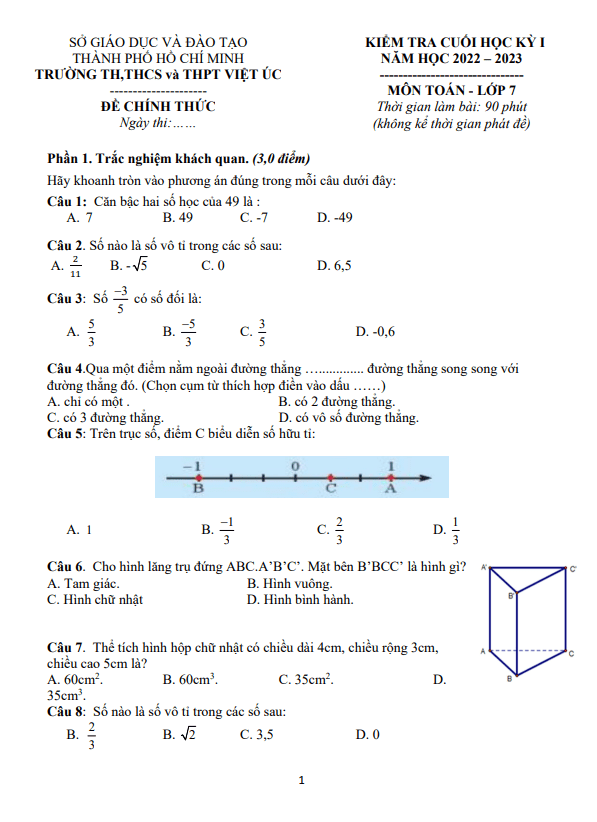 Đề tham khảo học kỳ 1 Toán 7 năm 2022 – 2023 trường Việt Úc – TP HCM