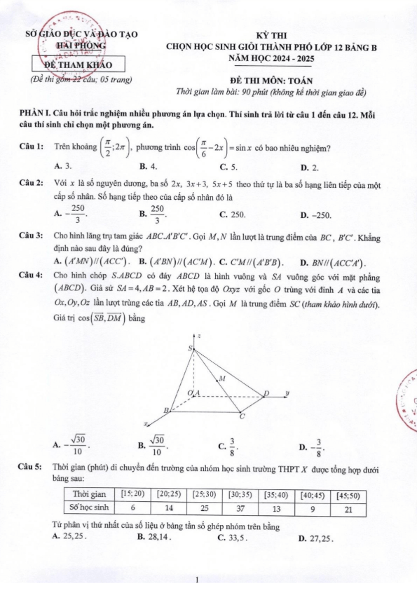 Đề tham khảo học sinh giỏi Toán 12 năm 2024 – 2025 sở GD&ĐT Hải Phòng