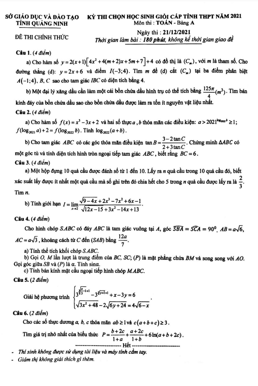 Đề thi chọn học sinh giỏi tỉnh Toán THPT năm 2021 sở GD&ĐT Quảng Ninh