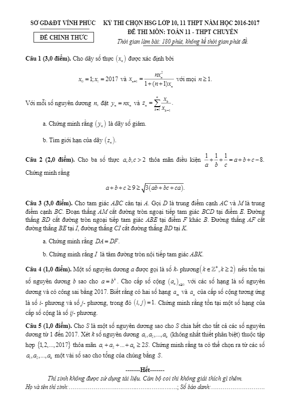 Đề thi chọn học sinh giỏi Toán 11 năm học 2016 – 2017 sở GD và ĐT Vĩnh Phúc