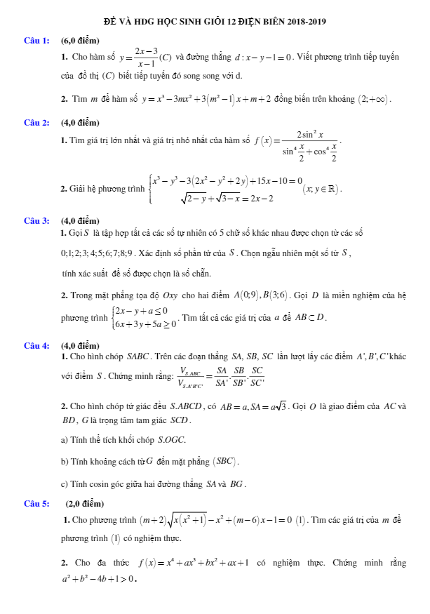 Đề thi chọn HSG Toán 12 cấp cơ sở năm học 2018 – 2019 sở GD và ĐT Điện Biên