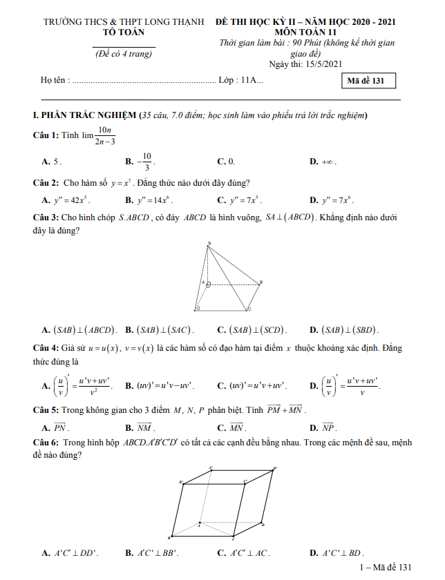 Đề thi cuối HK2 Toán 11 năm 2020 – 2021 trường Long Thạnh – Kiên Giang