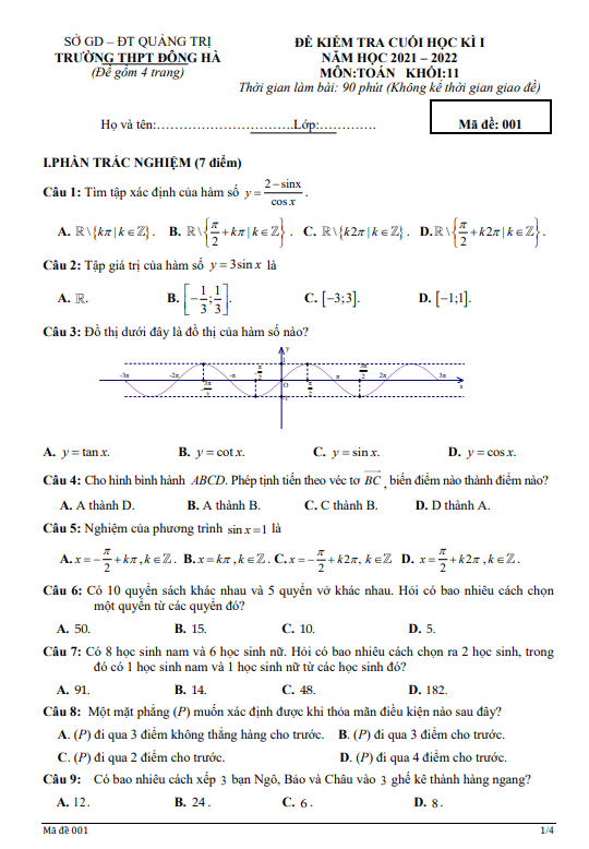 Đề thi cuối học kì 1 Toán 11 năm 2021 – 2022 trường THPT Đông Hà – Quảng Trị