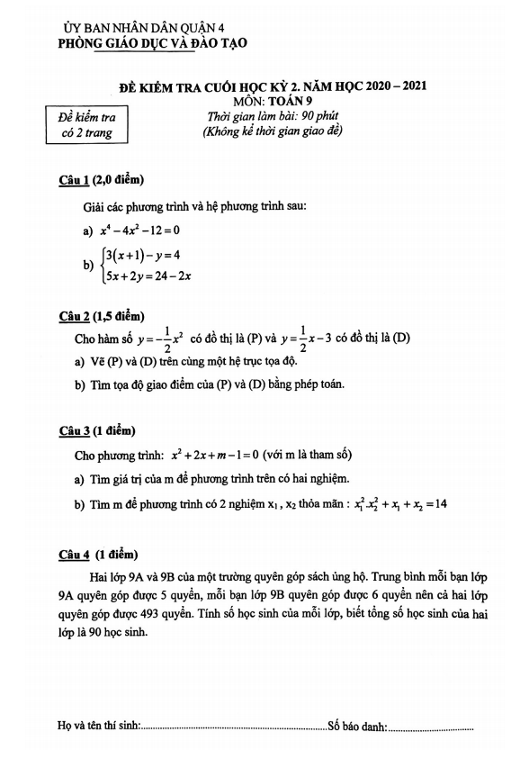 Đề thi cuối học kỳ 2 Toán 9 năm 2020 – 2021 phòng GD&ĐT Quận 4 – TP HCM