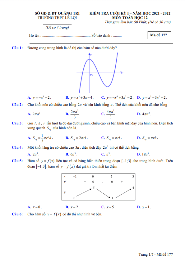 Đề thi cuối kỳ 1 Toán 12 năm 2021 – 2022 trường THPT Lê Lợi – Quảng Trị
