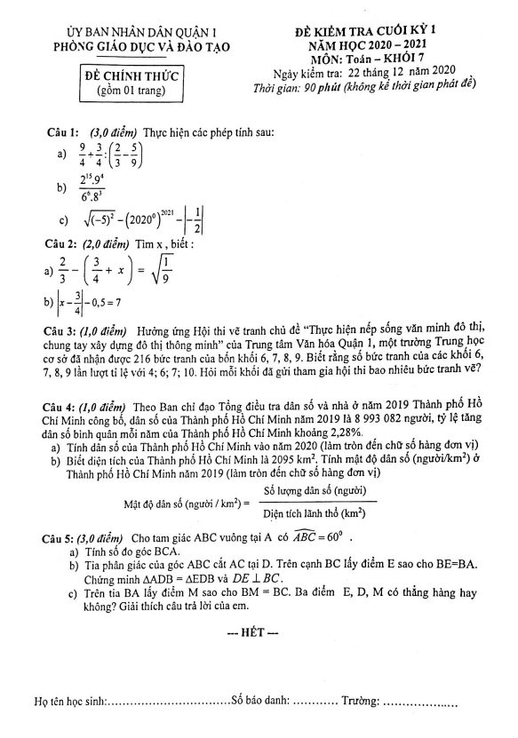 Đề thi cuối kỳ 1 Toán 7 năm 2020 – 2021 phòng GD&ĐT Quận 1 – TP HCM