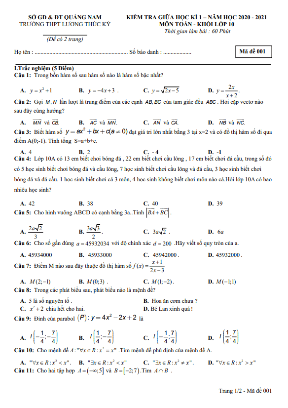 Đề thi giữa HK1 Toán 10 năm 2020 – 2021 trường THPT Lương Thúc Kỳ – Quảng Nam