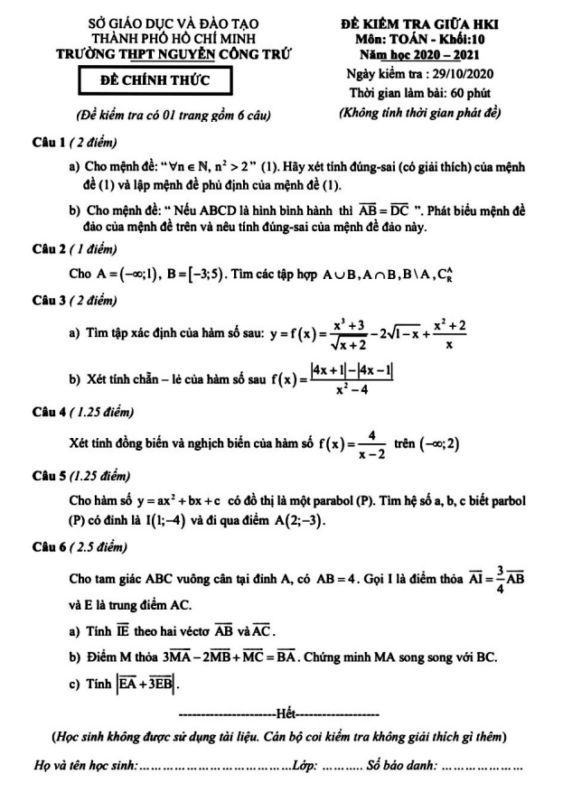 Đề thi giữa HK1 Toán 10 năm 2020 – 2021 trường THPT Nguyễn Công Trứ – TP HCM