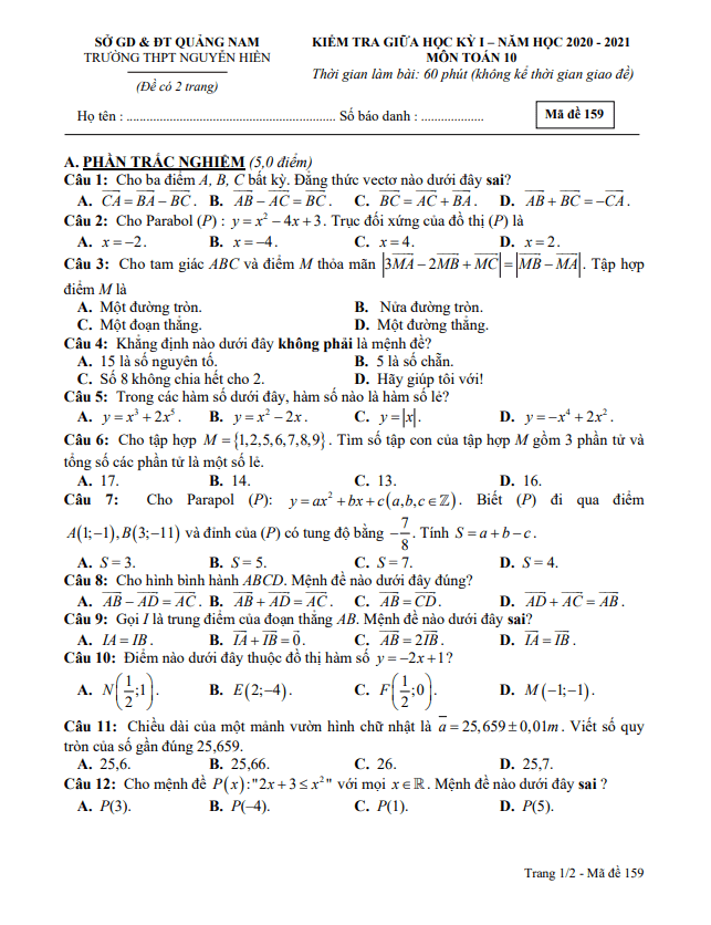 Đề thi giữa HK1 Toán 10 năm 2020 – 2021 trường THPT Nguyễn Hiền – Quảng Nam