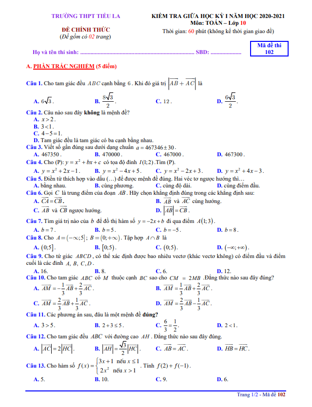 Đề thi giữa HK1 Toán 10 năm 2020 – 2021 trường THPT Tiểu La – Quảng Nam