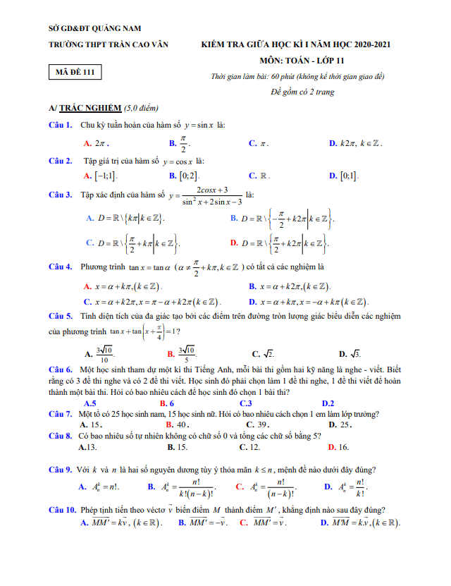 Đề thi giữa HK1 Toán 11 năm 2020 – 2021 trường THPT Trần Cao Vân – Quảng Nam