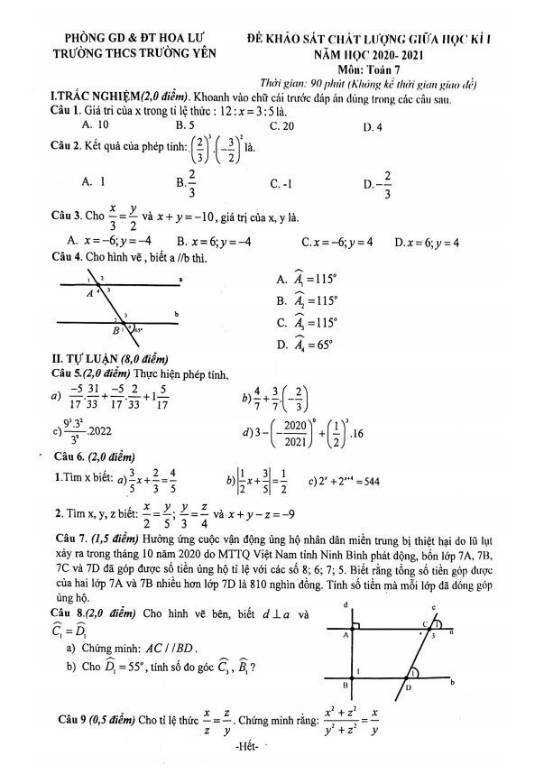 Đề thi giữa HK1 Toán 7 năm 2020 – 2021 trường THCS Trường Yên – Ninh Bình