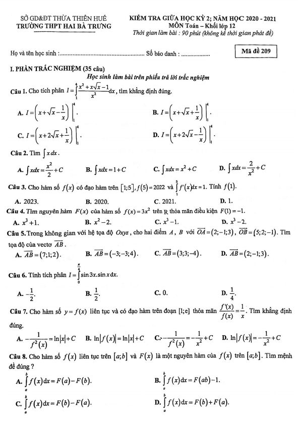 Đề thi giữa HK2 Toán 12 năm 2020 – 2021 trường THPT Hai Bà Trưng – TT Huế