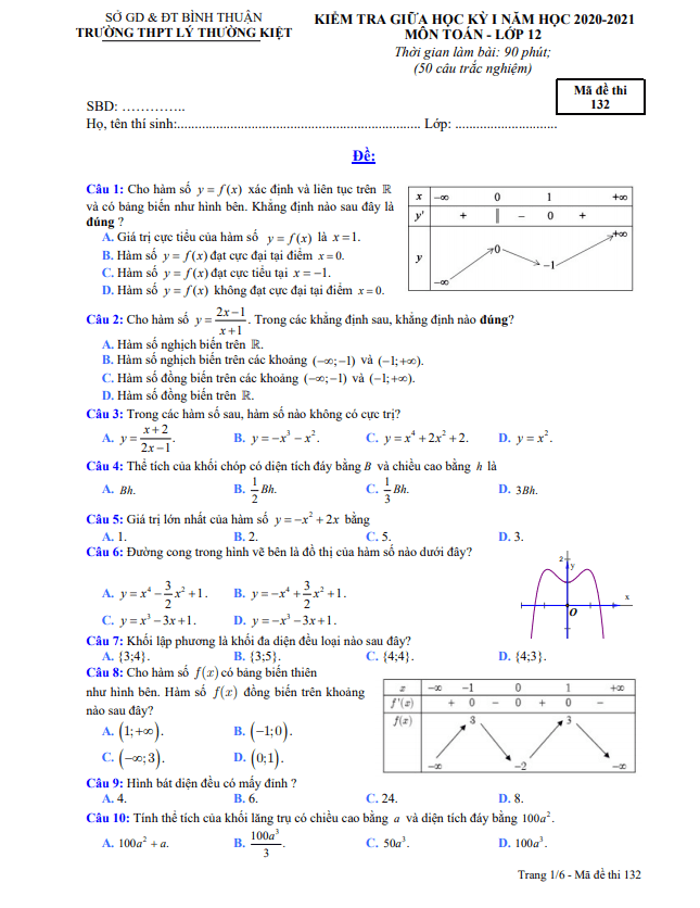 Đề thi giữa kì 1 Toán 12 năm 2020 – 2021 trường THPT Lý Thường Kiệt – Bình Thuận