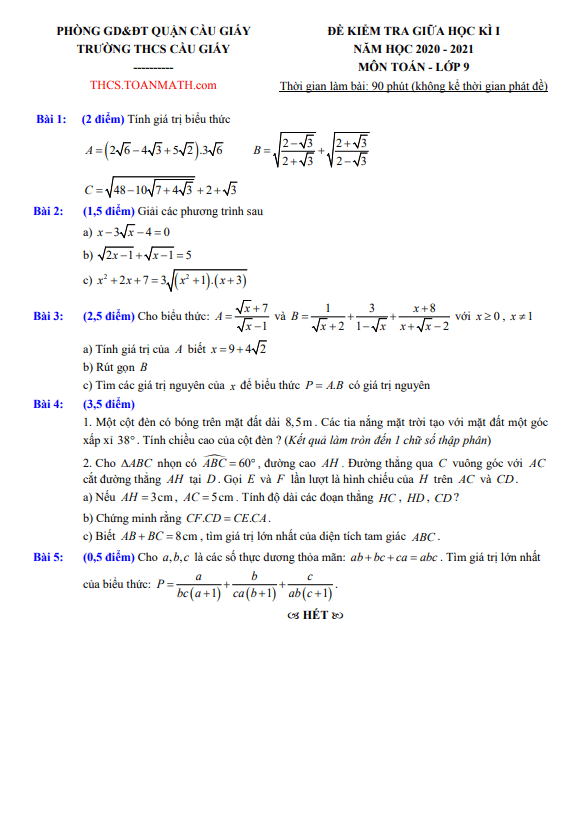 Đề thi giữa kì 1 Toán 9 năm 2020 – 2021 trường THCS Cầu Giấy – Hà Nội