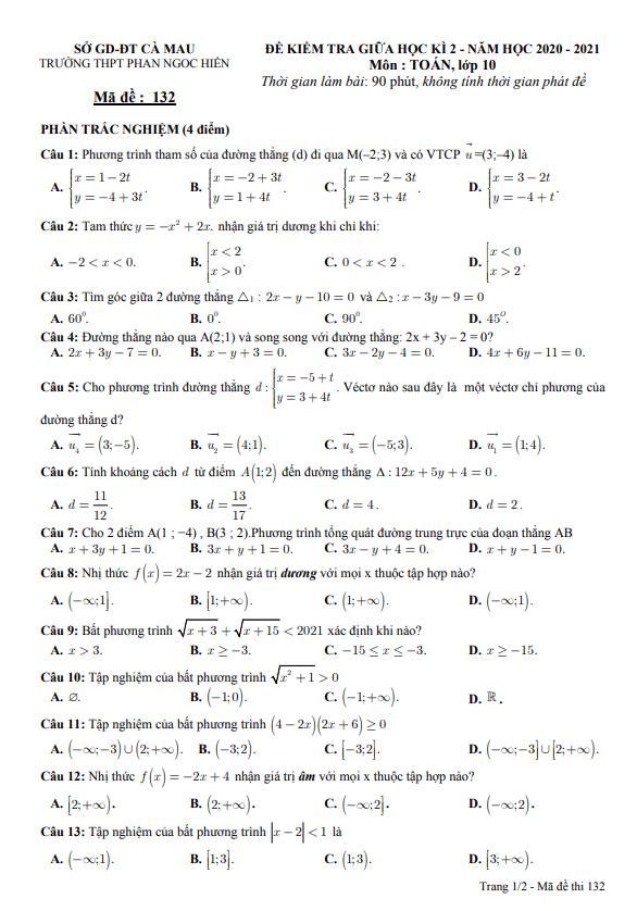 Đề thi giữa kì 2 Toán 10 năm 2020 – 2021 trường Phan Ngọc Hiển – Cà Mau