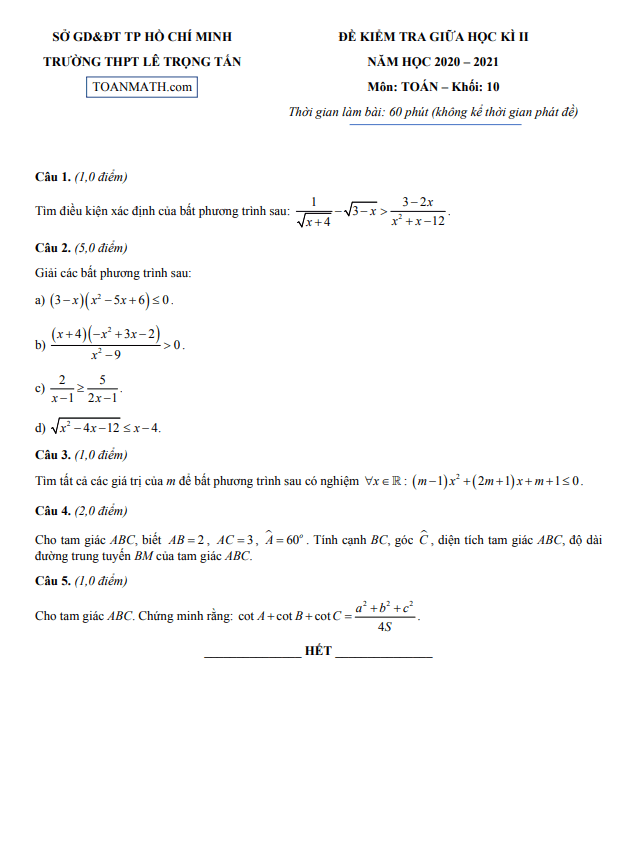 Đề thi giữa kì 2 Toán 10 năm 2020 – 2021 trường THPT Lê Trọng Tấn – TP HCM