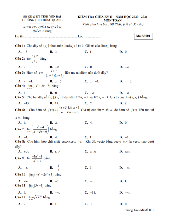 Đề thi giữa kỳ 2 Toán 11 năm 2020 – 2021 trường THPT Hồng Quang – Yên Bái