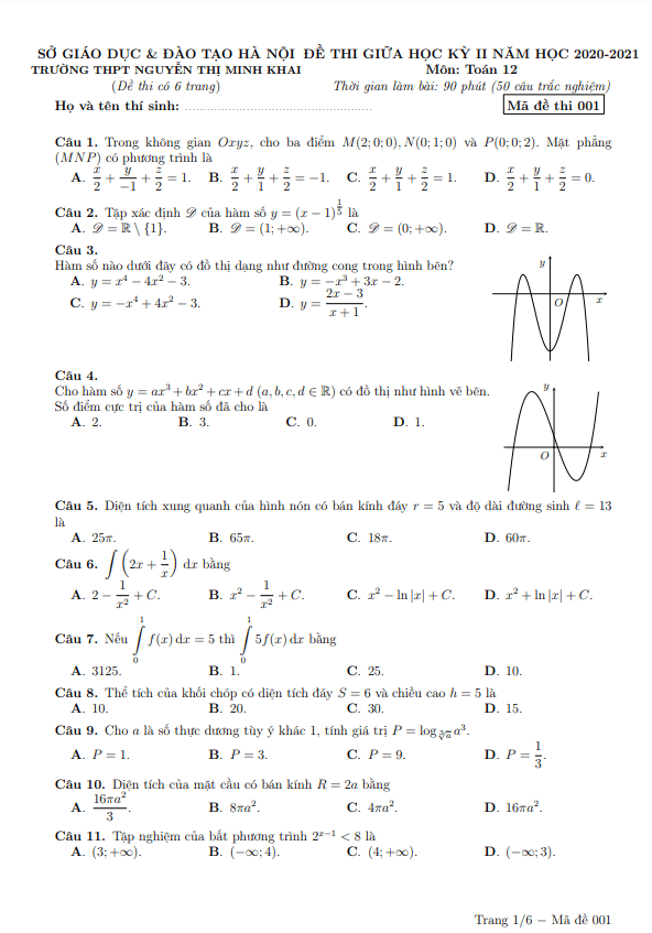 Đề thi giữa kỳ 2 Toán 12 năm 2020 – 2021 trường Nguyễn Thị Minh Khai – Hà Nội