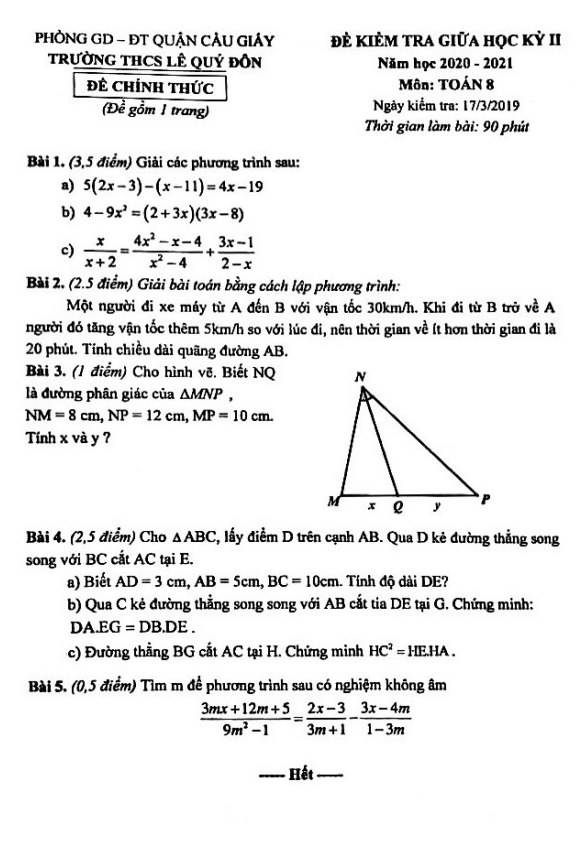 Đề thi giữa kỳ 2 Toán 8 năm 2020 – 2021 trường THCS Lê Quý Đôn – Hà Nội