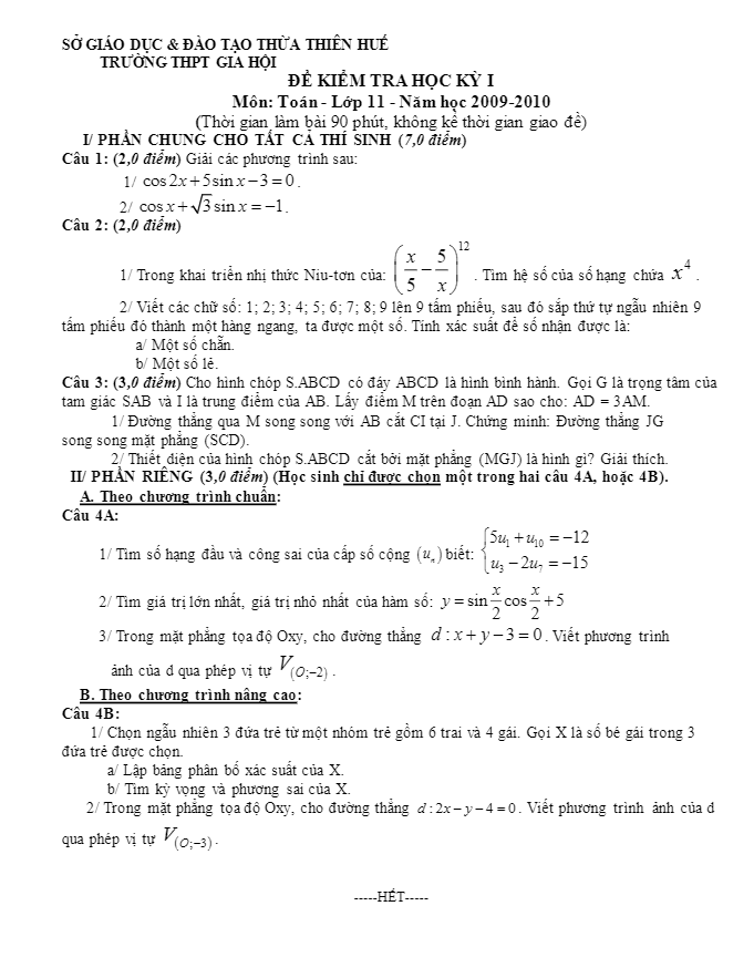 Đề thi HK1 lớp 11 trường THPT Gia Hội – Huế 2009 – 2010