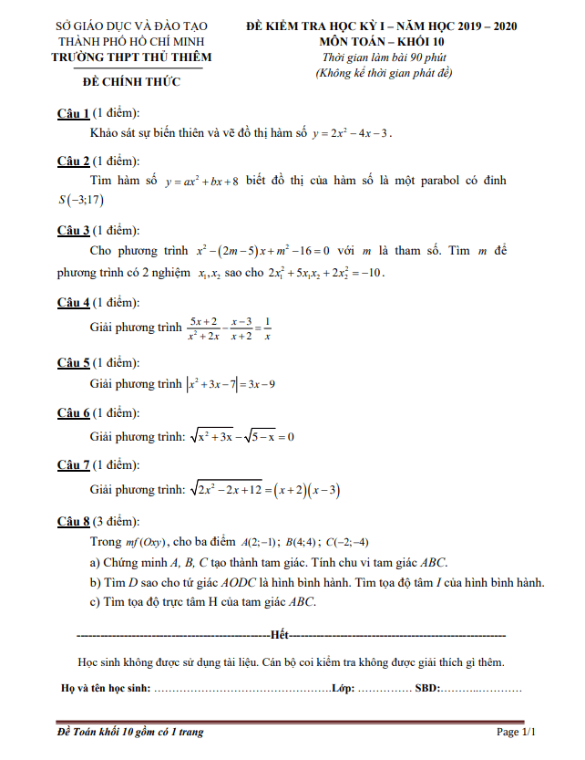 Đề thi HK1 Toán 10 năm 2019 – 2020 trường THPT Thủ Thiêm – TP HCM