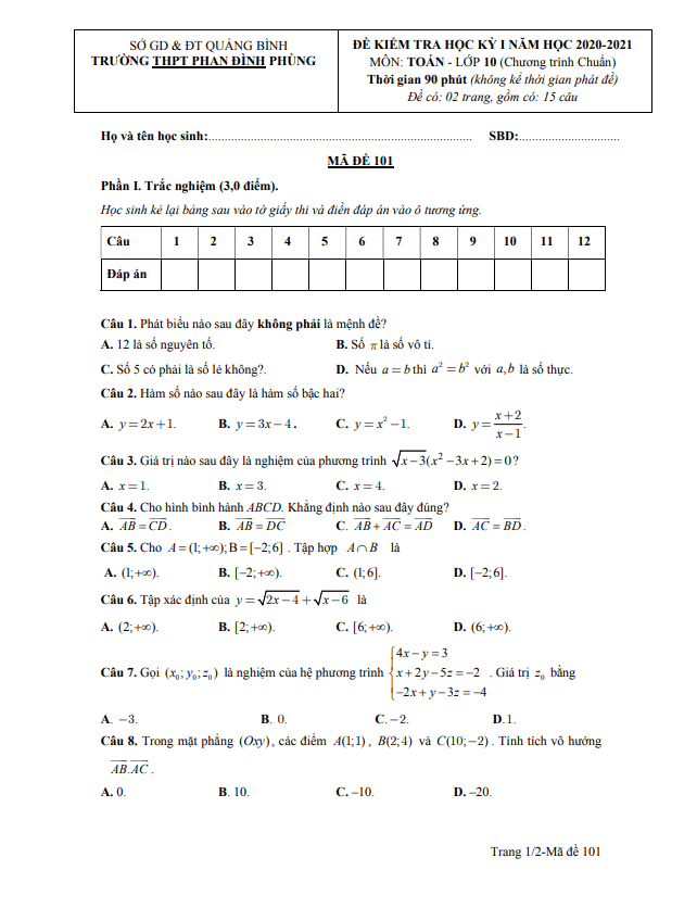 Đề thi HK1 Toán 10 năm 2020 – 2021 trường Phan Đình Phùng – Quảng Bình