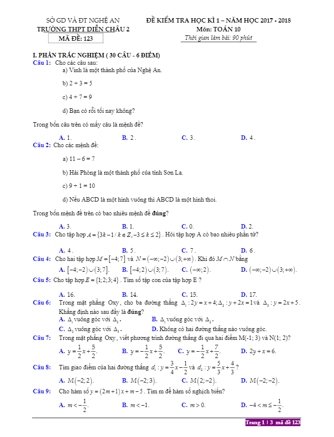 Đề thi HK1 Toán 10 năm học 2017 – 2018 trường THPT Diễn Châu 2 – Nghệ An